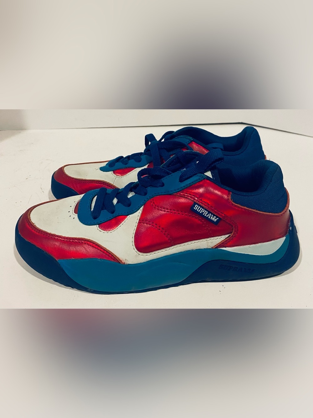 Supra Pecos Red White Blue Leather Low Top Skate Shoes Sneakers Men Size 7 06375